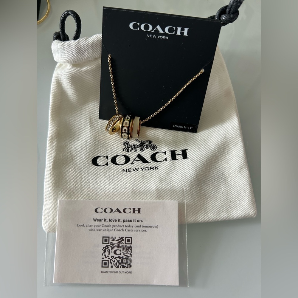 Coach Gold cream black Ring charm Necklace